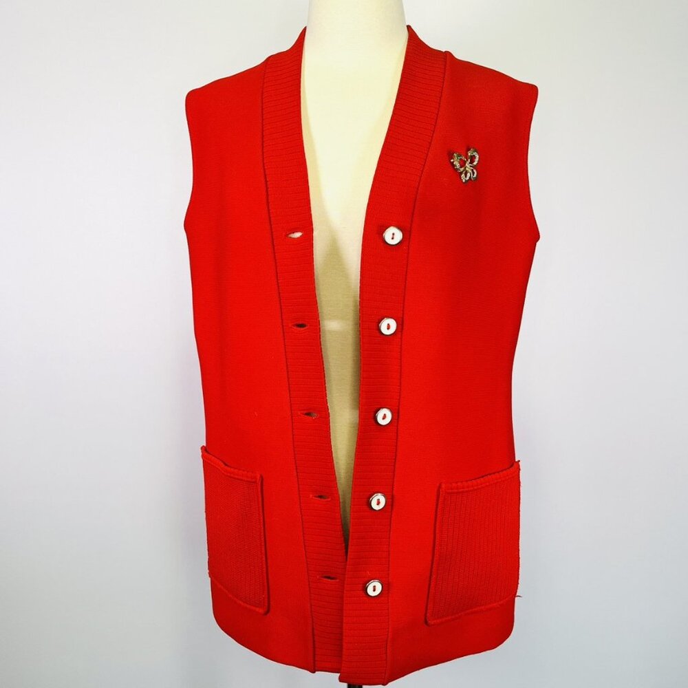 Vintage 60s 70s Hedy Knits Mod Red Button Front Vest Medium Butterfly Brooch MCM